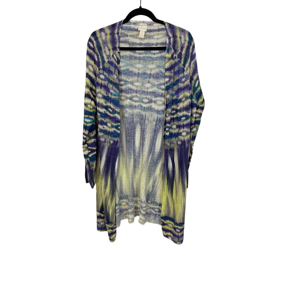 Chico's Linen Blend Ikat Long Duster Cardigan Green Purple Sweater Size 3 XL